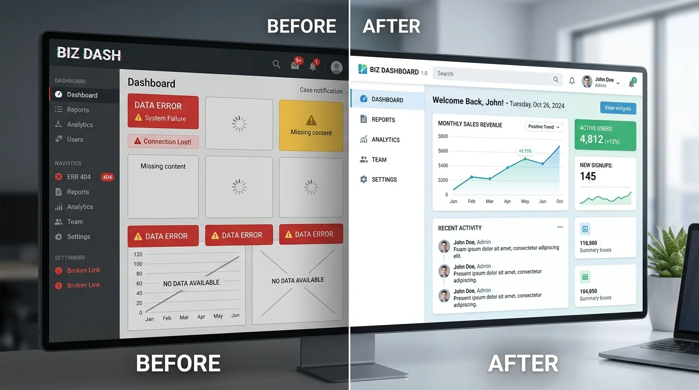 Before-and-after concept of a restored business website dashboard